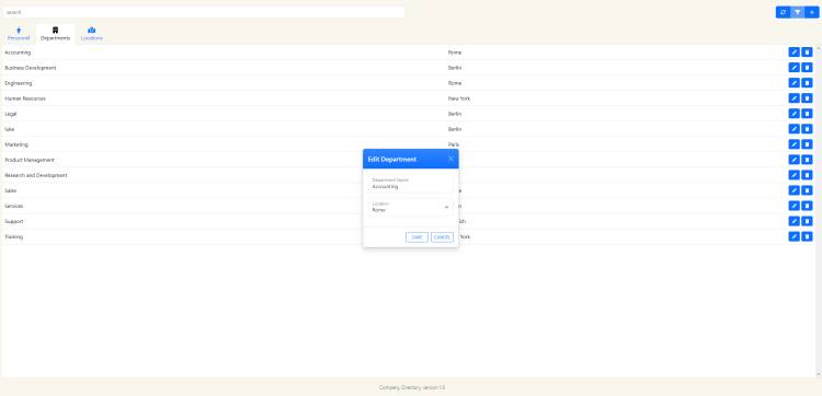 Edit Department Modal of company directory website.