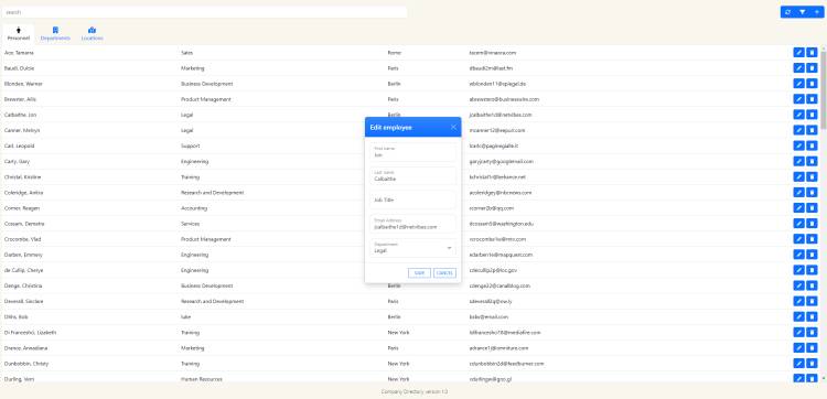 Edit Employee Modal of company directory website.
